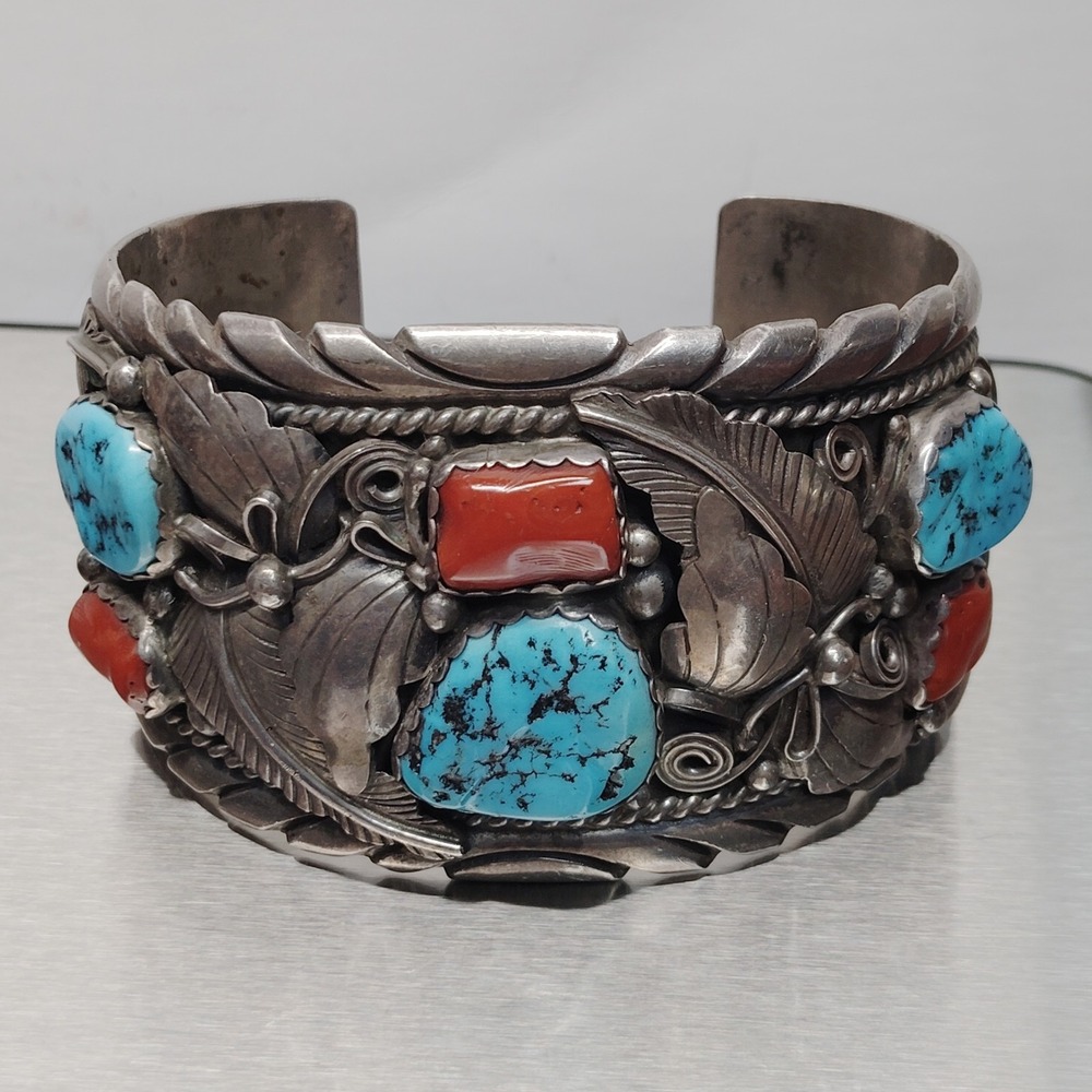 VTG Sterling Turquoise Coral Eagle Feather Navajo Men's Bracelet Victor Chee 7"